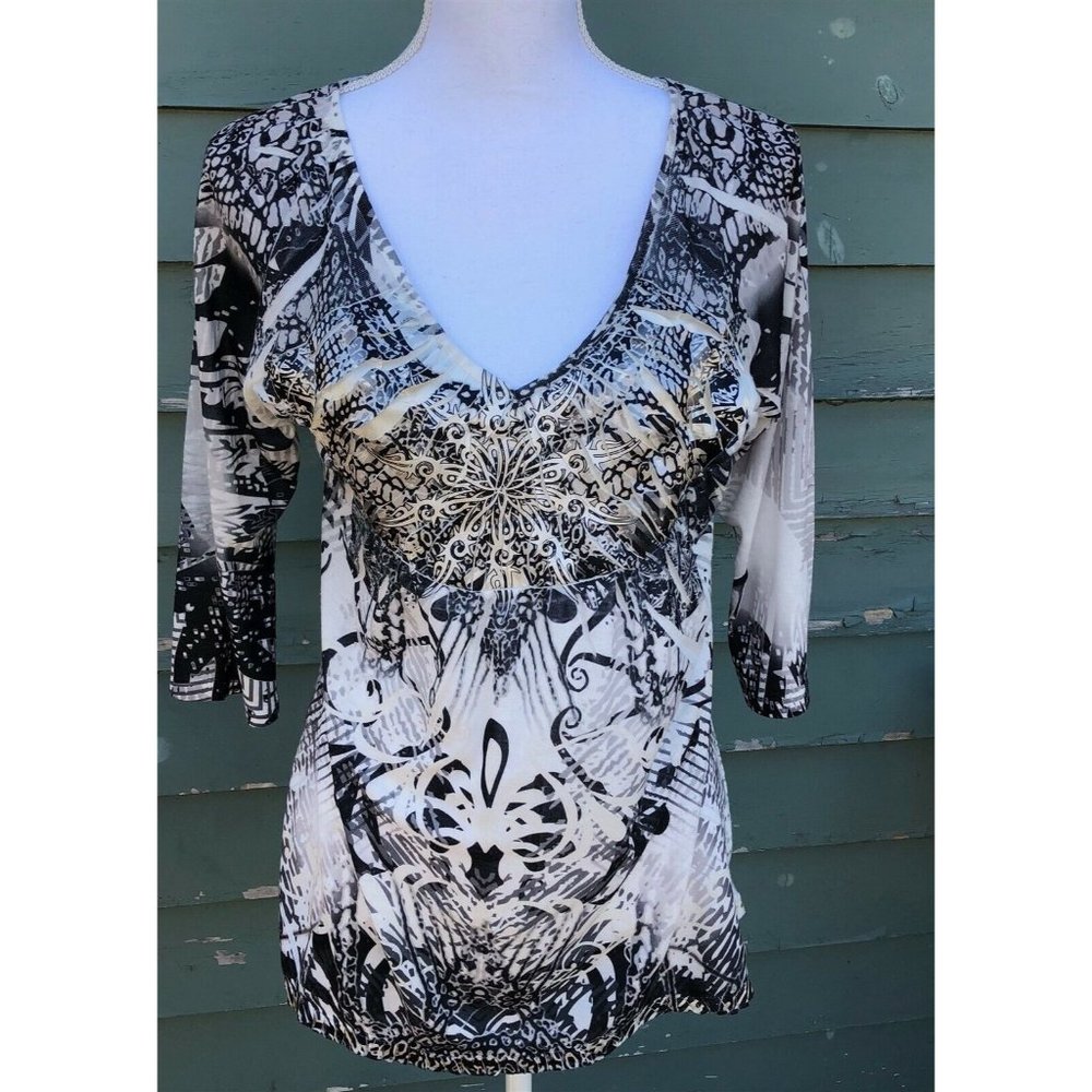 Unity World Wear Top Womens Size PL Black White Sublimation 3/4 Sleeve Blouse